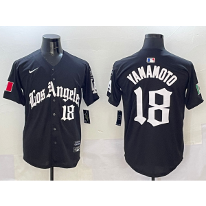 MLB Dodgers 18 Yoshinobu Yamamoto Black Gothic Nike Cool Base Men Jersey