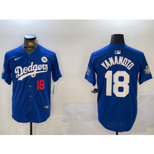 MLB Dodgers 18 Yoshinobu Yamamoto Blue 2024 World Series Nike Cool Base Men Jersey
