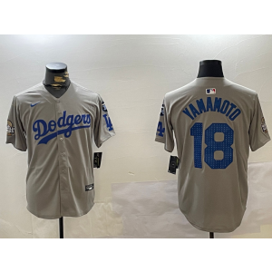 MLB Dodgers 18 Yoshinobu Yamamoto Grey 2024 World Series Nike Cool Base Men Jersey with 34 Patch