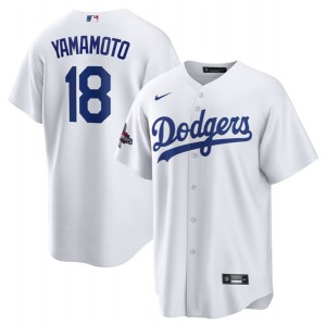 MLB Dodgers 18 Yoshinobu Yamamoto White 2024 World Series Champions Cool Base Men Jersey