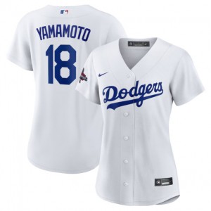 MLB Dodgers 18 Yoshinobu Yamamoto White 2024 World Series Champions Women Jersey(Run Small)