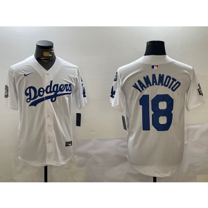 MLB Dodgers 18 Yoshinobu Yamamoto White 2024 World Series Nike Cool Base Men Jersey with 34 Patch