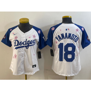 MLB Dodgers 18 Yoshinobu Yamamoto White Blue 2025 Tokyo Series Nike Cool Base Women Jersey