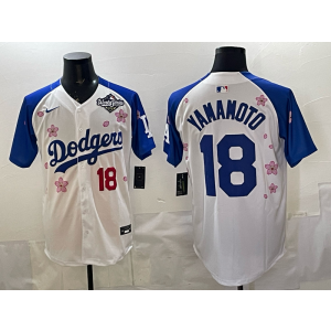 MLB Dodgers 18 Yoshinobu Yamamoto White Blue 2025 World Series Nike Cool Base Men Jersey
