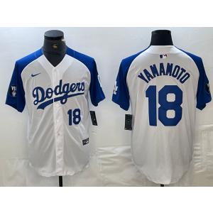 MLB Dodgers 18 Yoshinobu Yamamoto White Blue Nike Cool Base Men Jersey