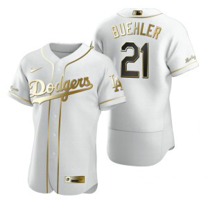 MLB Dodgers 21 Walker Buehler White Gold Flexbase Men Jersey