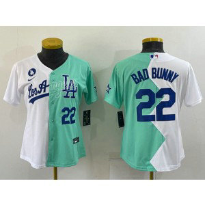 MLB Dodgers 22 Bad Bunny White Green Split Nike Cool Base Youth Jersey