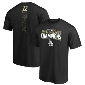 MLB Dodgers 22 Clayton Kershaw Black 2020 World Series Champions T-Shirt