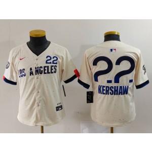 MLB Dodgers 22 Clayton Kershaw Cream 2024 City Connect Nike Cool Base Youth Jersey