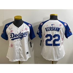 MLB Dodgers 22 Clayton Kershaw White Blue 2025 Tokyo Series Nike Cool Base Women Jersey