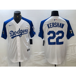 MLB Dodgers 22 Clayton Kershaw White Blue Nike Cool Base Men Jersey