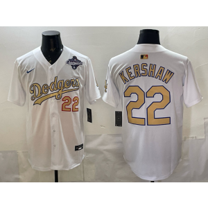 MLB Dodgers 22 Clayton Kershaw White Gold 2025 World Series Champion Nike Cool Base Men Jersey