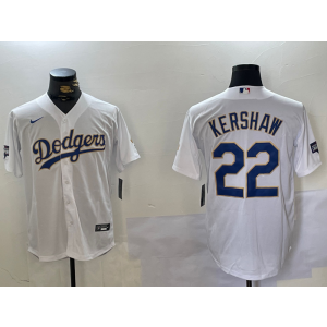 MLB Dodgers 22 Clayton Kershaw White Gold Nike Cool Base Men Jersey