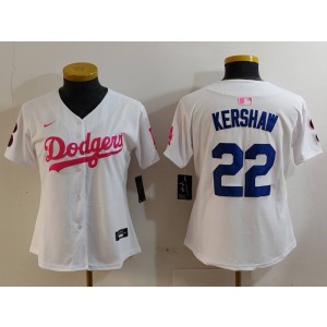 MLB Dodgers 22 Clayton Kershaw White Pink Nike Cool Base Women Jersey