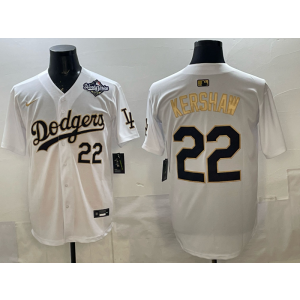 MLB Dodgers 22 Kershaw White Gold 2025 World Series Nike Cool Base Men Jersey