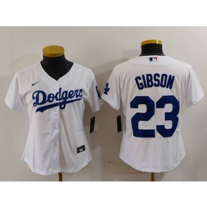 MLB Dodgers 23 Gibson White Nike Cool Base Women Jersey