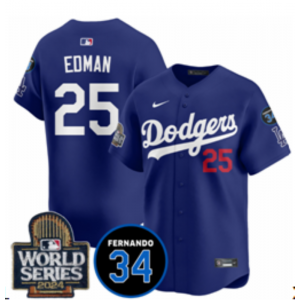 MLB Dodgers 25 Tommy Edman Blue 2024 World Series Nike Cool Base Men Jersey with 34 Ptach