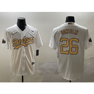 MLB Dodgers 26 Gonsolin White Gold Nike Cool Base Men Jersey
