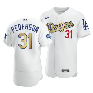 MLB Dodgers 31 Joc Pederson White Gold 2020 World Series Champions Flexbase Men Jersey