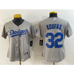 MLB Dodgers 32 Sandy Koufax Gray Nike Cool Base Women Jersey