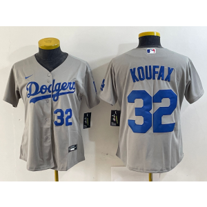 MLB Dodgers 32 Sandy Koufax Grey Nike Cool Base Women Jersey