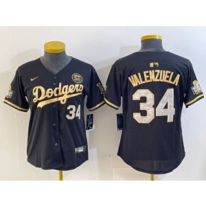 MLB Dodgers 34 Fernando Valenzuela Black Gold 2024 World Series Nike Cool Base Youth Jersey
