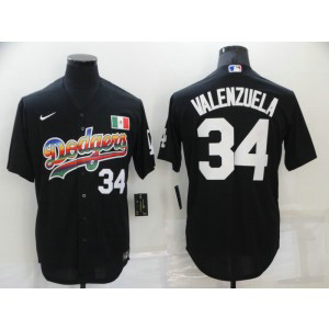 MLB Dodgers 34 Fernando Valenzuela Black Rainbow Nike Cool Base Men Jersey