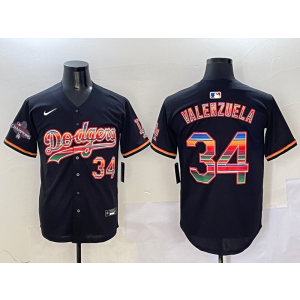 MLB Dodgers 34 Fernando Valenzuela Black Rainbowl Nike Cool Base Men Jersey