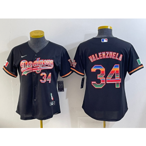 MLB Dodgers 34 Fernando Valenzuela Black Rainbowl Nike Cool Base Women Jersey