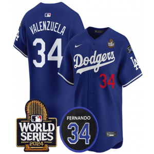 MLB Dodgers 34 Fernando Valenzuela Blue 2024 World Series Nike Cool Base Men Jersey with 34 Patch