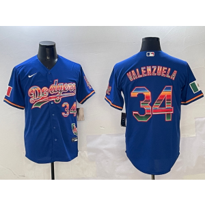 MLB Dodgers 34 Fernando Valenzuela Blue Rainbowl Nike Cool Base Men Jersey