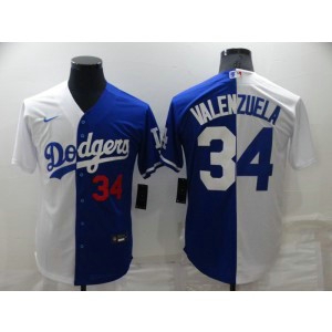 MLB Dodgers 34 Fernando Valenzuela Blue White Split Nike Cool Base Men Jersey