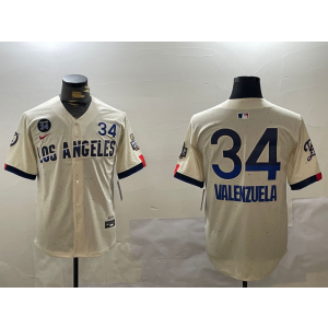 MLB Dodgers 34 Fernando Valenzuela Cream 2024 World Series Nike Cool Base Men Jersey with 34 Patch