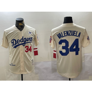 MLB Dodgers 34 Fernando Valenzuela Cream Throwback Men Jersey