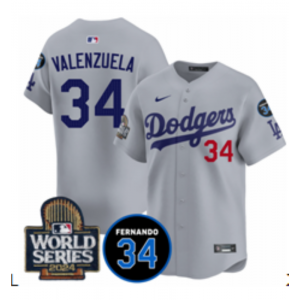 MLB Dodgers 34 Fernando Valenzuela Gray 2024 World Series Nike Cool Base Men Jersey with 34 Patch