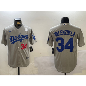 MLB Dodgers 34 Fernando Valenzuela Grey Nike Cool Base Men Jersey with 34 Pacth