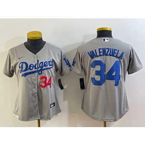 MLB Dodgers 34 Fernando Valenzuela Grey Nike Cool Base Women Jersey