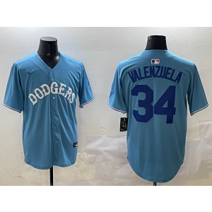 MLB Dodgers 34 Fernando Valenzuela Light Blue Nike Cool Base Men Jersey