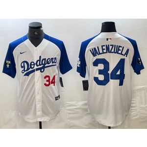 MLB Dodgers 34 Fernando Valenzuela White Blue Nike Cool Base Men Jersey