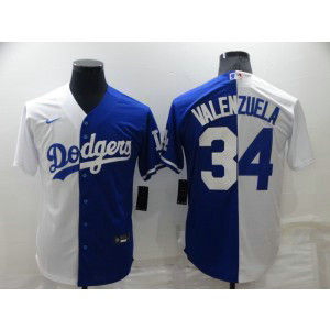 MLB Dodgers 34 Fernando Valenzuela White Blue Split Nike Cool Base Men Jersey