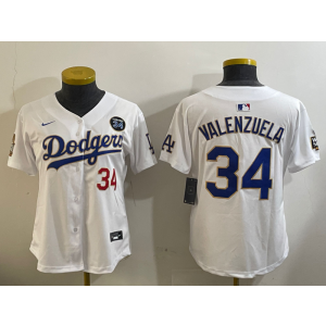 MLB Dodgers 34 Fernando Valenzuela White Gold 2024 World Series Nike Cool Base Women Jersey with 34 Patch