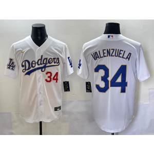 MLB Dodgers 34 Fernando Valenzuela White Gold Nike Cool Base Men Jersey