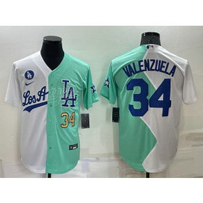 MLB Dodgers 34 Fernando Valenzuela White Green Nike Cool Base Split Men Jersey