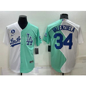 MLB Dodgers 34 Fernando Valenzuela White Green Split Cool Base Men Jersey