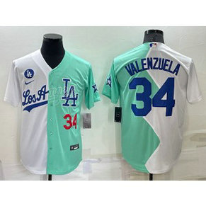 MLB Dodgers 34 Fernando Valenzuela White Green Split Nike Cool Base Men Jersey
