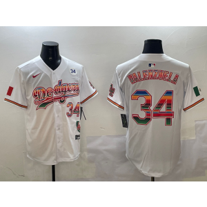 MLB Dodgers 34 Fernando Valenzuela White Rainbowl Nike Cool Base Men Jersey