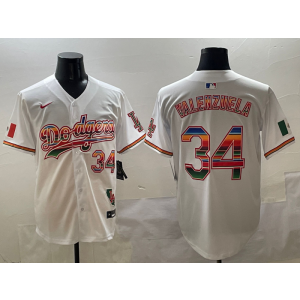 MLB Dodgers 34 Fernando Valenzuela White Rianbow Nike Cool Base Men Jersey