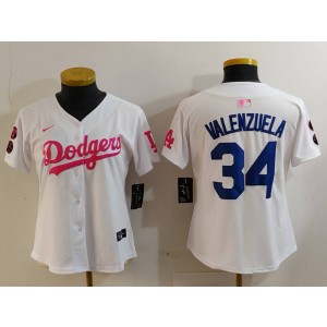 MLB Dodgers 34 Toro Valenzuela White Pink Nike Cool Base Women Jersey