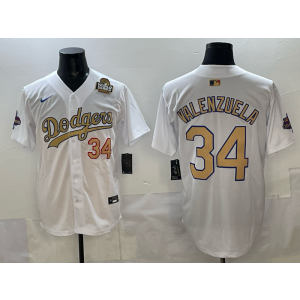 MLB Dodgers 34 Valenzuela White Gold 2025 World Series Nike Cool Base Men Jersey