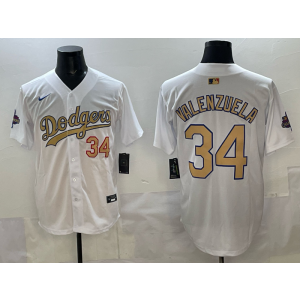 MLB Dodgers 34 Valenzuela White Gold Nike Cool Base Men Jersey